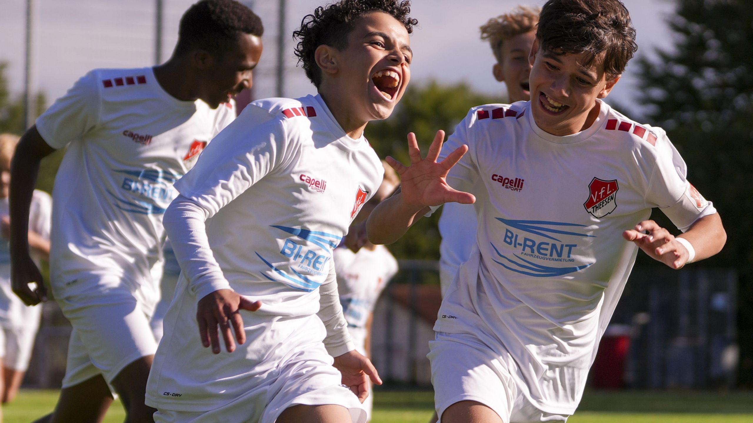 Luftaufnahme des Sportkomplexes des VfL Theesen mit einem Fußballplatz, umgeben von Feldern und Wohnhäusern, in einer grünen Landschaft. Im Vordergrund ist ein Kunstrasenplatz mit Flutlichtanlagen zu sehen, im Hintergrund liegt die Stadt Bielefeld.